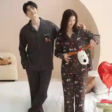 静英鸾 情侣舒适卡通图案长袖简约休闲风家居服睡衣套装 男女同款