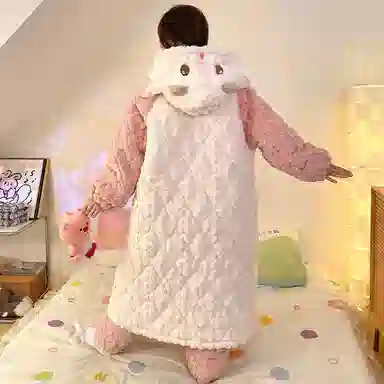 静英鸾 珊瑚绒保暖加绒加厚卡通小羊可爱连帽休闲睡袍睡衣套装 女款