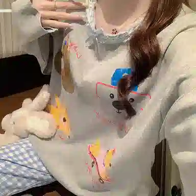 静英鸾 仿棉带胸垫圆领套头卡通小狗纯色格子家居服春秋季睡衣套装 女款