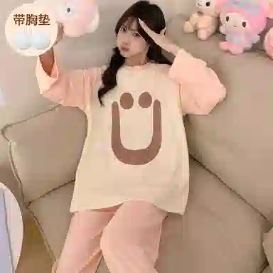 静英鸾 德绒带胸垫长袖长裤圆领套头纯色甜美笑脸家居服秋冬季保暖套装 女款