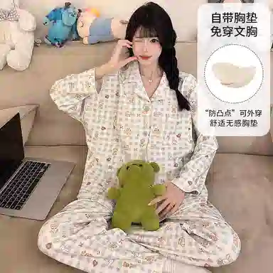 静英鸾 带胸垫长袖长裤翻领开衫卡通格子兔子小熊家居服睡衣套装 女款