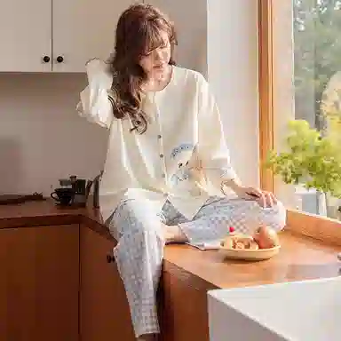静英鸾 春秋季简约可爱卡通蝴蝶结小猫咪休闲亲肤舒适家居服睡衣套装 女款