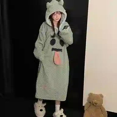 静英鸾 休闲时尚简约清新绿甜美可爱卡通柔软保暖舒适可外穿家居服睡裙 女款