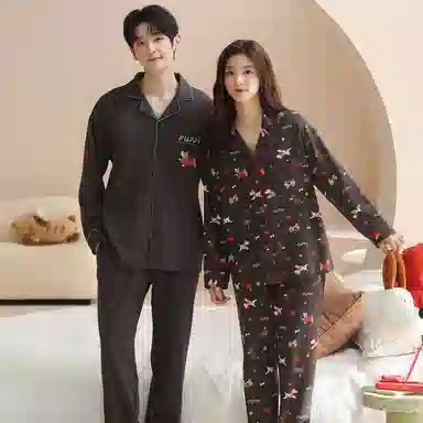 静英鸾 情侣舒适卡通图案长袖简约休闲风家居服睡衣套装 男女同款