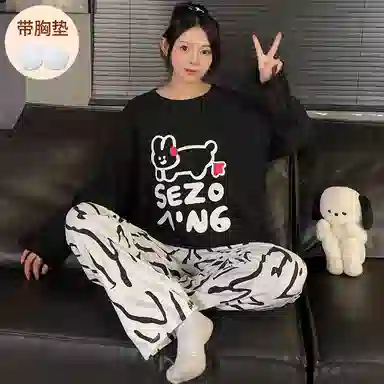 静英鸾 德绒长袖长裤圆领套头纯色卡通兔子条纹家居服秋冬季保暖套装 女款