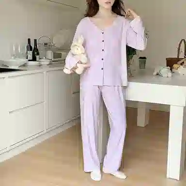 静英鸾 带胸垫简约紫休闲甜美时尚蝴蝶印花可外穿家居服睡衣套装 女款