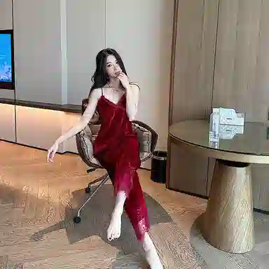 静英鸾 金丝绒长袖睡袍吊带长裤纯色花边性感家居服秋冬季睡衣套装 女款