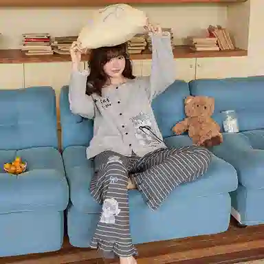 静英鸾 春秋季简约可爱卡通蝴蝶结小猫休闲亲肤舒适家居服睡衣套装 女款