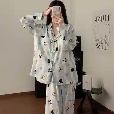 静英鸾 宽松休闲简约条纹卡通企鹅图案长袖长裤开衫家居服睡衣套装 女款