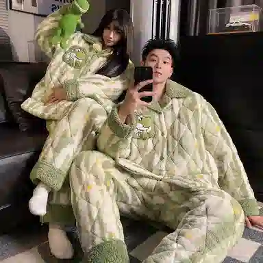 静英鸾 翻领卡通恐龙慵懒甜美风三层夹棉加绒加厚保暖冬季休闲家居服睡衣套装 男女同款