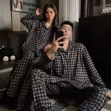 静英鸾 翻领格子简约风德绒加厚保暖休闲舒适家居服睡衣套装 男女同款