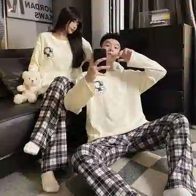 静英鸾 德绒保暖加厚圆领套头长袖长裤格子纯色可爱卡通情侣家居服冬季睡衣套装 男女同款