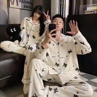 静英鸾  秋季翻领条纹卡通小狗甜美风休闲舒适家居服睡衣礼盒 男女同款