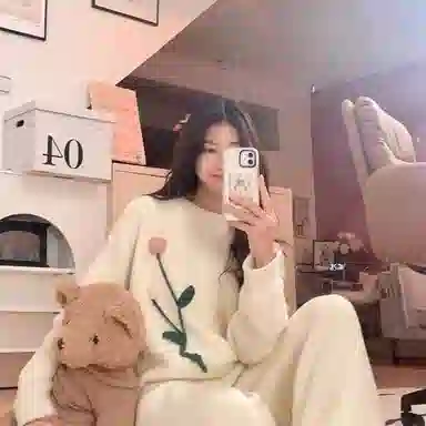 静英鸾 珊瑚绒保暖加绒加厚甜美玫瑰花长袖长裤圆领套头休闲家居服秋冬季睡衣套装 女款