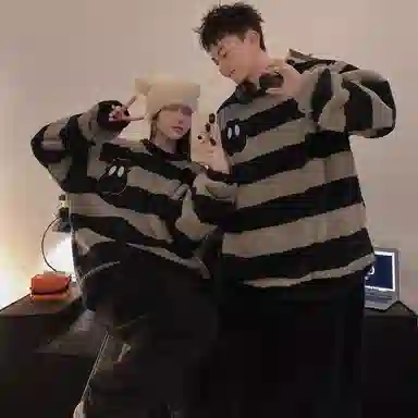 静英鸾 珊瑚绒加厚加绒保暖卡通煤球条纹圆领长袖长裤休闲情侣家居服秋冬季睡衣套装 男女同款