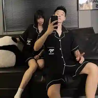 静英鸾 卡通熊猫纯色简约风休闲舒适家居服睡衣套装 男女同款