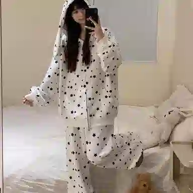 静英鸾 长袖星星满印保暖连帽家居服睡衣套装 女款