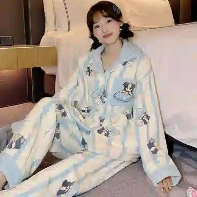 静英鸾 翻领简约休闲时尚甜美可爱卡通小狗法兰绒亲肤柔软舒适可外穿家居服睡衣套装 女款