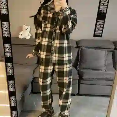 静英鸾 情侣格子长袖开衫简约设计家居服睡衣套装 男女同款