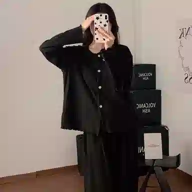 静英鸾 德绒保暖加厚长袖长裤圆领开衫纯色简约家居服冬季睡衣套装 女款