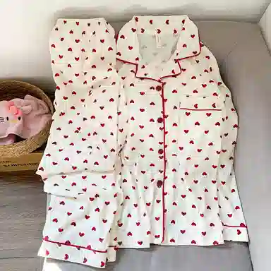 静英鸾 翻领开衫满印纯色爱心长袖长裤休闲家居服秋冬季睡衣套装 女款