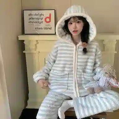 静英鸾 休闲时尚拉链连帽甜美简约蓝条纹法兰绒柔软舒适可外穿家居服睡衣套装 女款