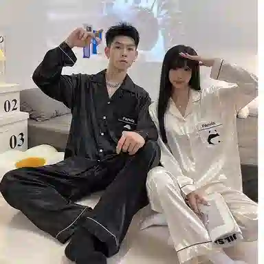 静英鸾 情侣休闲简约设计长袖长裤翻领卡通熊猫图案家居服睡衣套装 男女同款