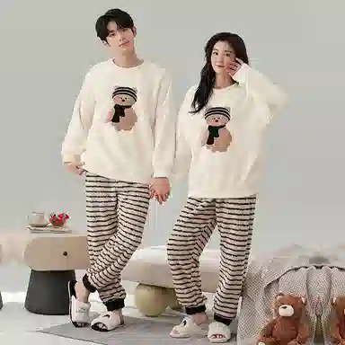 静英鸾 半边绒保暖加厚卡通小熊可爱圆领长袖长裤休闲家居服睡衣套装 男女同款