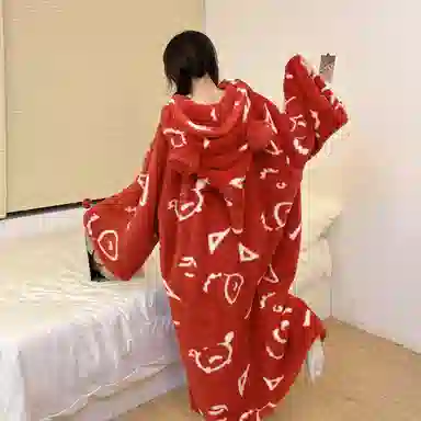 静英鸾 珊瑚绒保暖加绒加厚满印图形纯色简约连帽长袖休闲家居服睡袍 女款