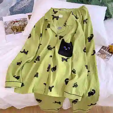 静英鸾 翻领卡通小猫慵懒甜美风休闲时尚家居服睡衣套装 女款