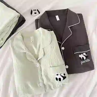 静英鸾 长袖卡通熊猫图案翻领宽松家居服睡衣套装 男女同款