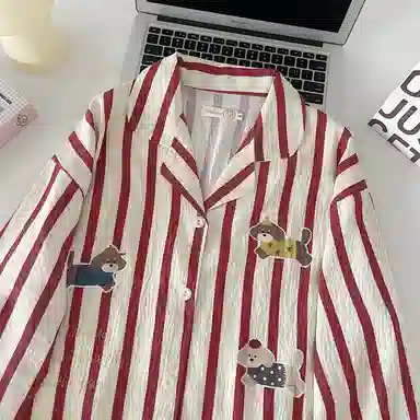静英鸾 条纹舒适简约长袖翻领设计家居服睡衣套装 女款