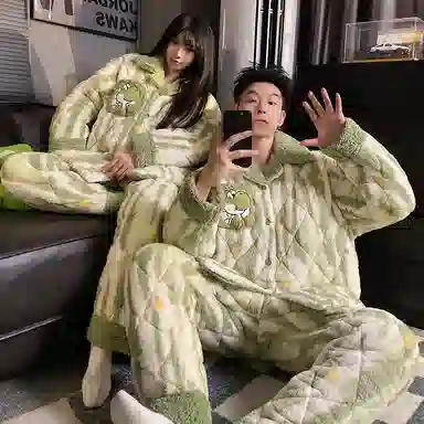 静英鸾 翻领卡通恐龙慵懒甜美风三层夹棉加绒加厚保暖冬季休闲家居服睡衣套装 男女同款