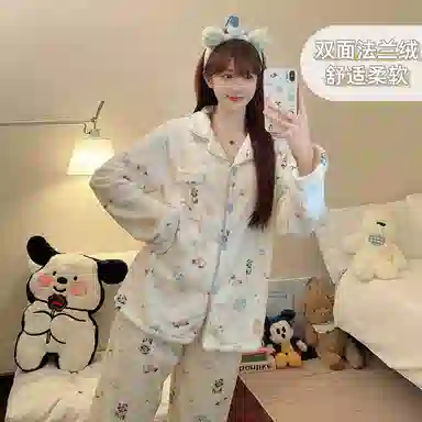 静英鸾 翻领舒适透气卡通图案长袖长裤家居服睡衣套装 女款