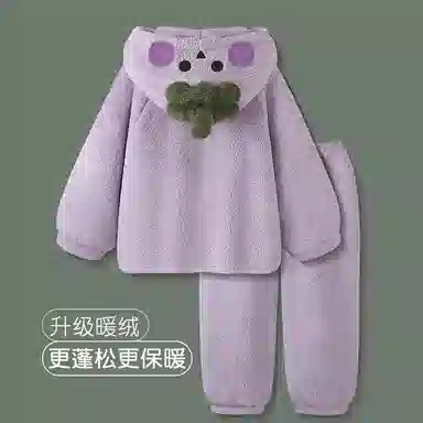 静英鸾 珊瑚绒保暖加绒加厚茄子可爱甜美连帽开衫长袖长裤休闲家居服睡衣套装 女款