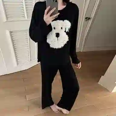 静英鸾 棉质带胸垫长袖长裤圆领套头纯色可爱卡通毛绒小狗简约家居服秋冬季睡衣套装 女款