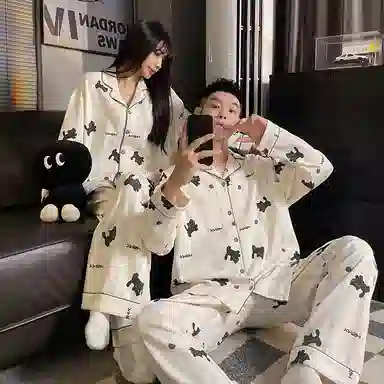 静英鸾  秋季翻领条纹卡通小狗甜美风休闲舒适家居服睡衣礼盒 男女同款