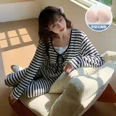 静英鸾 长袖长裤圆领套头简约条纹休闲家居服秋冬季睡衣套装 女款