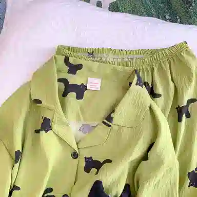 静英鸾 翻领卡通小猫慵懒甜美风休闲时尚家居服睡衣套装 女款