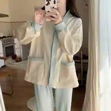 静英鸾 德绒长袖长裤和尚领开衫纯色简约小清新两件套家居服秋冬季保暖套装 女款