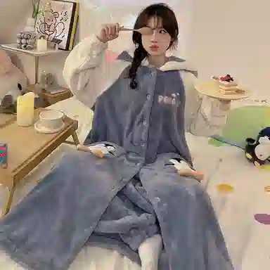 静英鸾 珊瑚绒保暖加绒加厚卡通企鹅可爱连帽休闲睡袍睡衣套装 女款