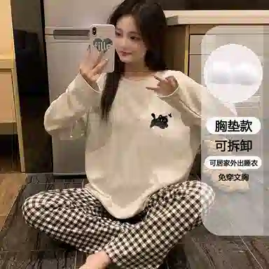 静英鸾 可拆卸胸垫休闲时尚简约高级感卡通小猫亲肤柔软舒适可外穿家居服睡衣套装 女款