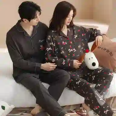 静英鸾 情侣舒适卡通图案长袖简约休闲风家居服睡衣套装 男女同款