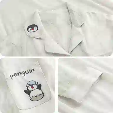 静英鸾 德绒长袖长裤翻领开衫纯色条纹卡通企鹅情侣家居服冬季睡衣套装 男女同款
