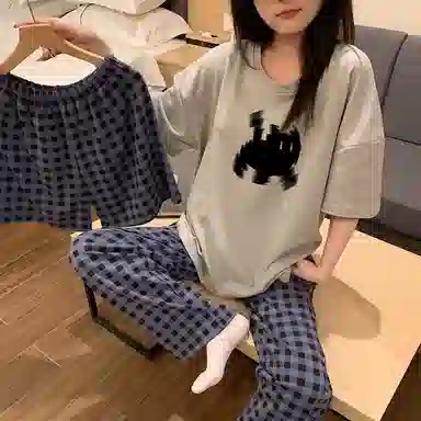 静英鸾 简约休闲卡通小黑猫圆领短袖三件套家居服睡衣套装 女款