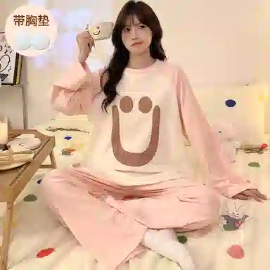 静英鸾 德绒带胸垫长袖长裤圆领套头纯色甜美笑脸家居服秋冬季保暖套装 女款