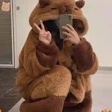 静英鸾 珊瑚绒保暖加厚卡通可爱卡皮巴拉连帽开衫休闲睡袍睡衣套装 女款