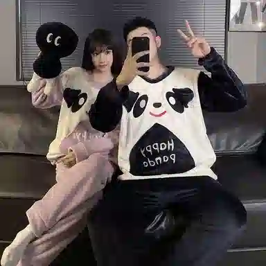 静英鸾 珊瑚绒加厚加绒保暖圆领卡通熊猫长袖长裤休闲家居服秋冬季睡衣套装 男女同款