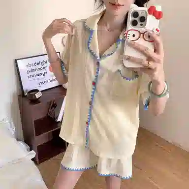 静英鸾 翻领格子甜美风休闲舒适家居服睡衣套装 女款