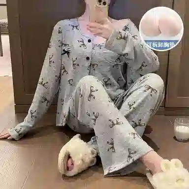 静英鸾 棉质羊绒长袖吊带长裤开衫纯色简约甜美蝴蝶结家居服秋冬季睡衣套装 女款
